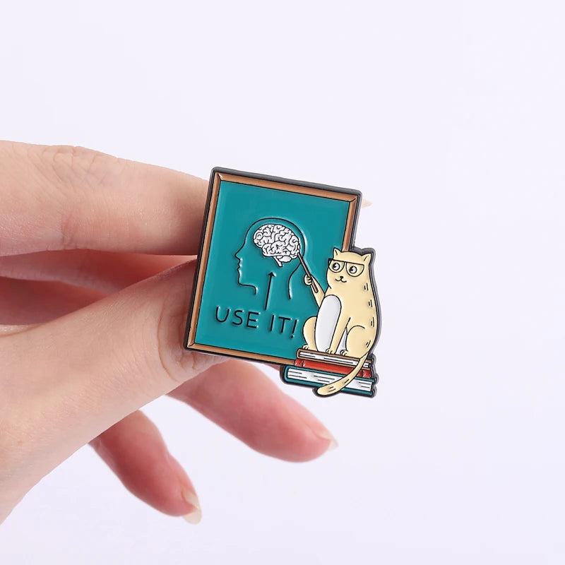 Cat Teacher "Use It Brain" Enamel Pin — Funny Cartoon Brooch Lapel Badge Gift for Teachers & Cat Lovers