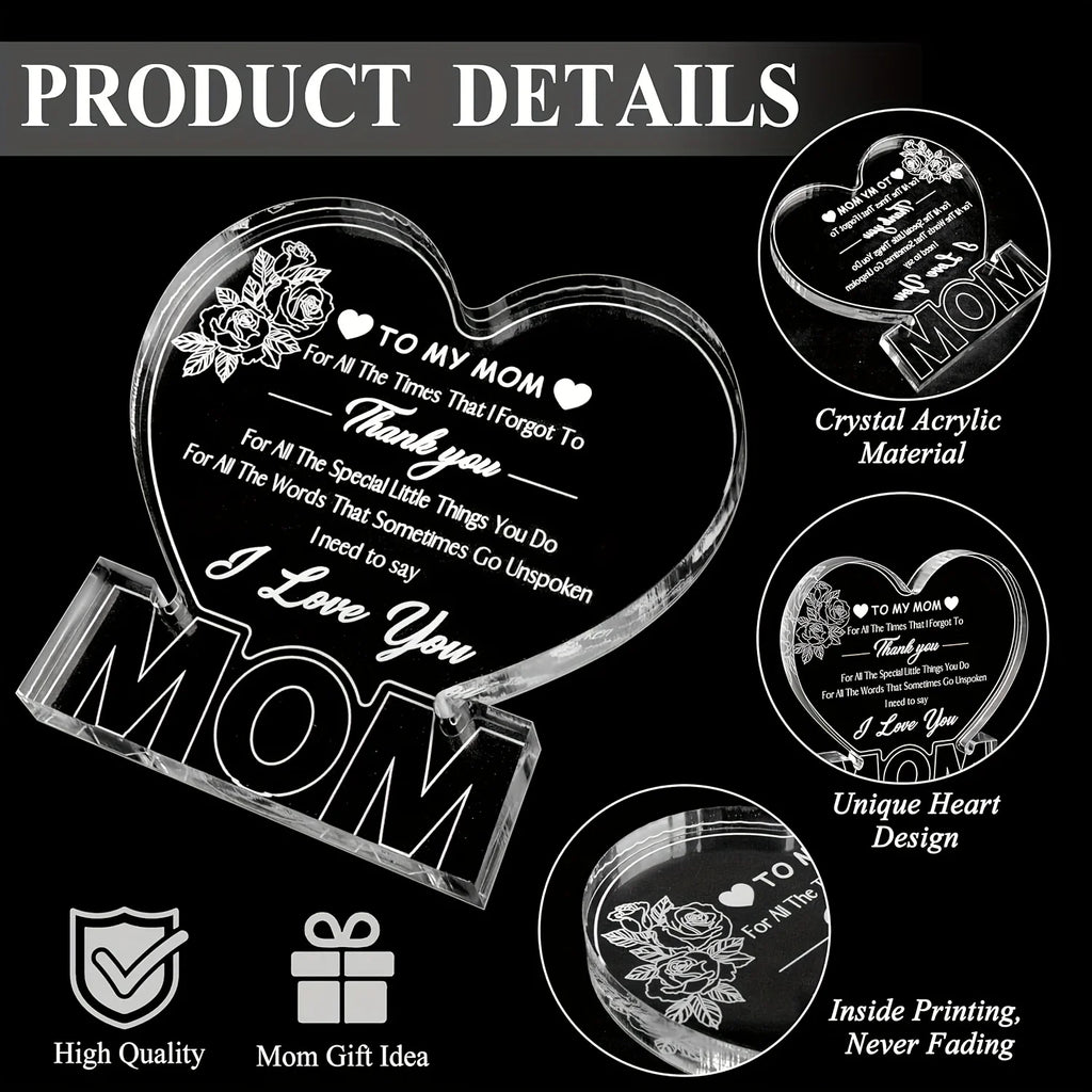 Delicate Rose Acrylic Heart Plaque — Heartfelt Birthday & Holiday Gift for Mom from Daughter or Son