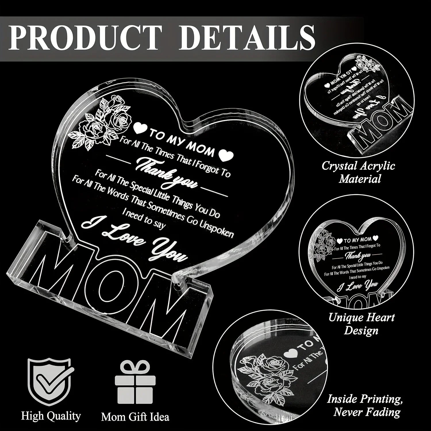 Delicate Rose Acrylic Heart Plaque — Heartfelt Birthday & Holiday Gift for Mom from Daughter or Son
