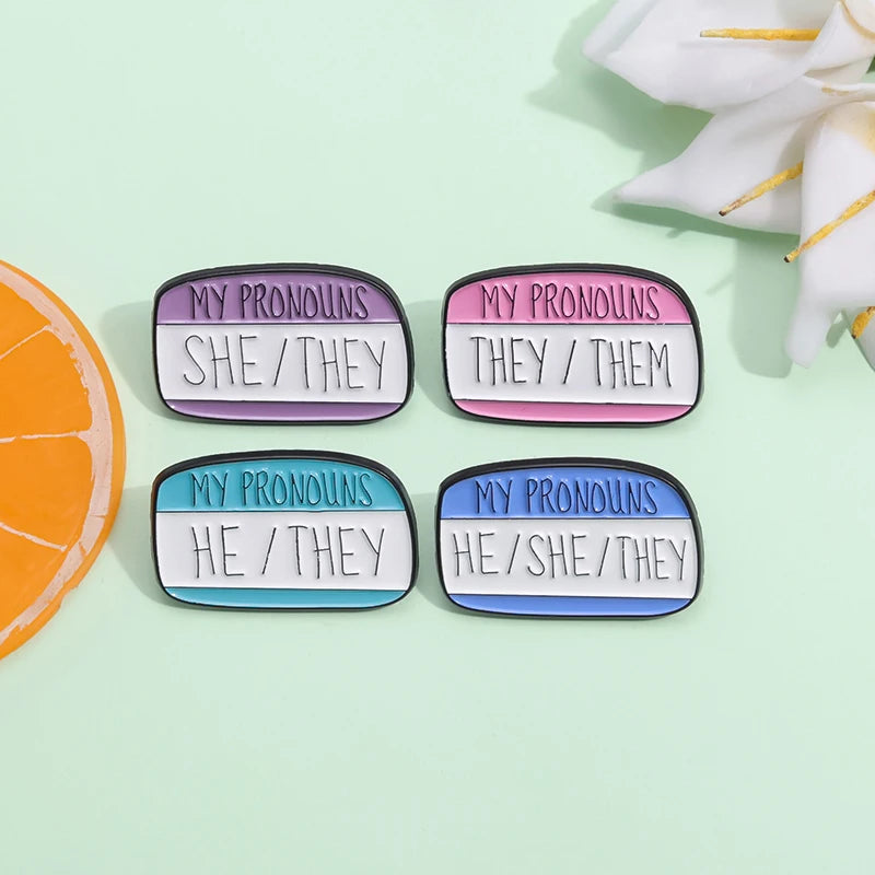 My Pronouns Enamel Pin — Colorful They/Them, He/Him & She/Her Dialog Brooch Lapel Badge for Backpacks & Accessories