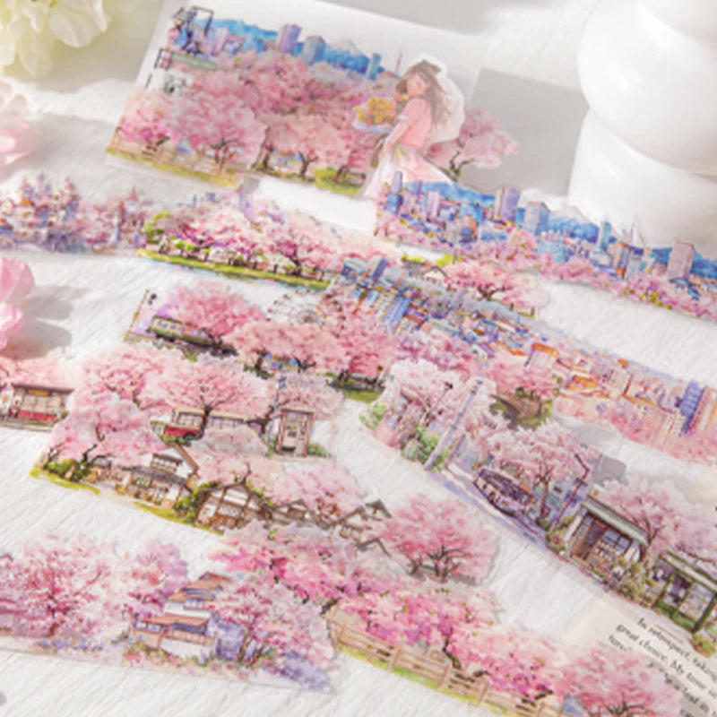 Scenic Landscape Sticker Bag — Cherry Blossom, City Street & Camping Scene Long Strip Stickers for Journaling & Collage