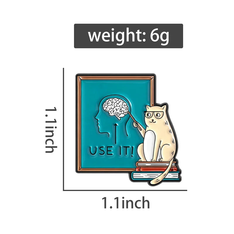 Cat Teacher "Use It Brain" Enamel Pin — Funny Cartoon Brooch Lapel Badge Gift for Teachers & Cat Lovers