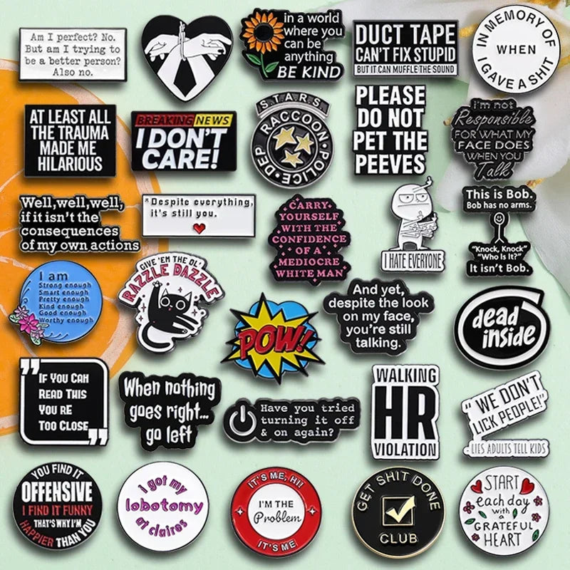 Funny Quotes Enamel Pin — "Start Each Day With a Grateful Heart" & "Walking HR Violation" Brooch Lapel Badge