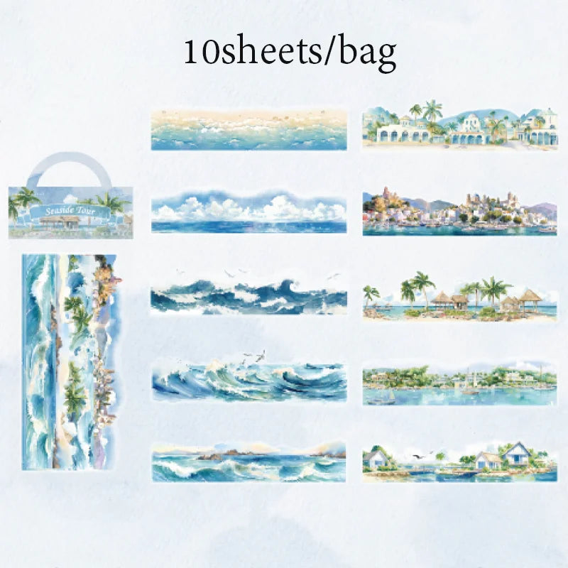 Scenic Landscape Sticker Bag — Cherry Blossom, City Street & Camping Scene Long Strip Stickers for Journaling & Collage