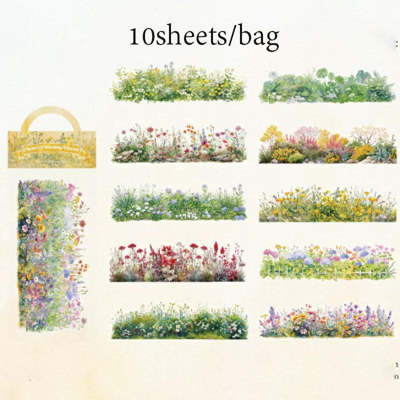 Scenic Landscape Sticker Bag — Cherry Blossom, City Street & Camping Scene Long Strip Stickers for Journaling & Collage
