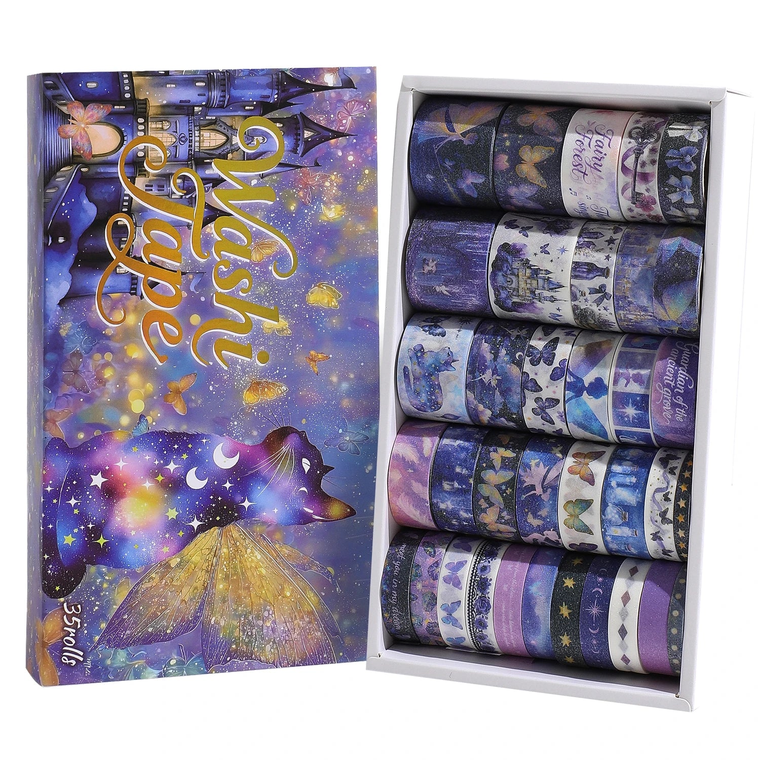 35-Roll Purple Fairy Magic Washi Tape Set — Elves, Castles, Black Cats & Butterfly Designs for Journaling & Scrapbooking