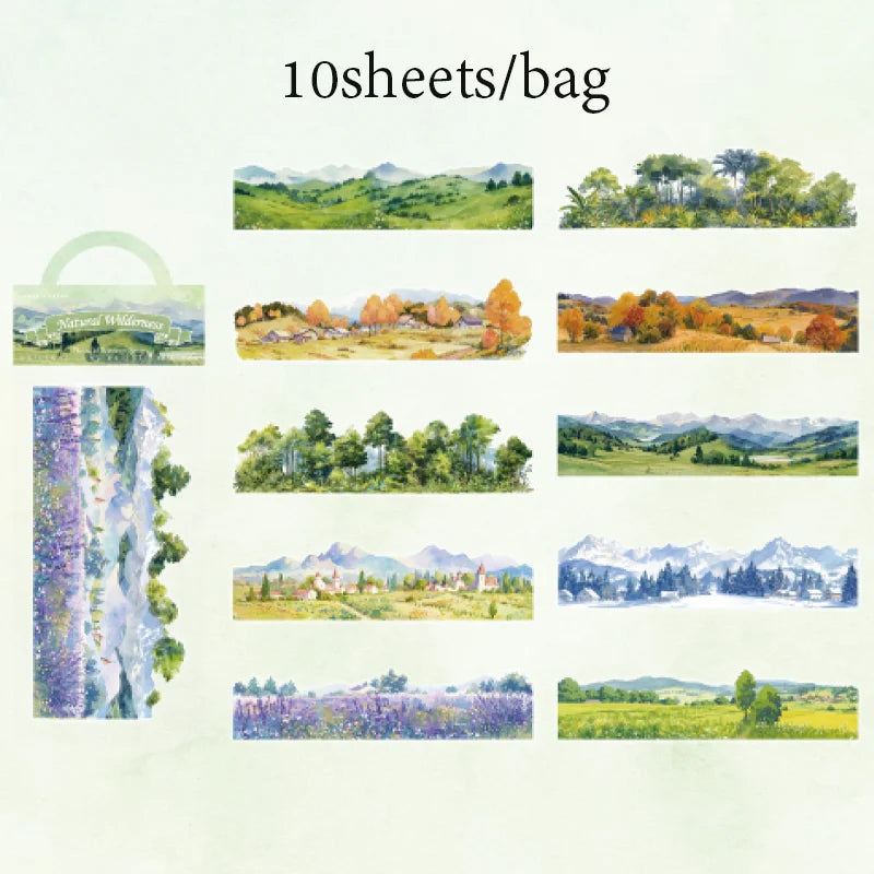 Scenic Landscape Sticker Bag — Cherry Blossom, City Street & Camping Scene Long Strip Stickers for Journaling & Collage