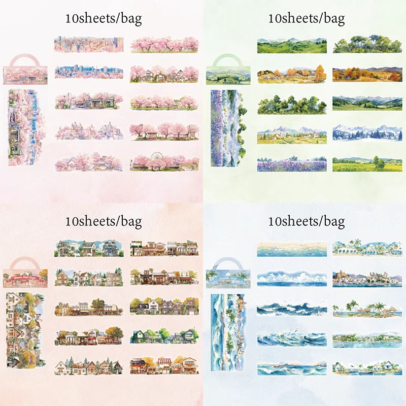 Scenic Landscape Sticker Bag — Cherry Blossom, City Street & Camping Scene Long Strip Stickers for Journaling & Collage