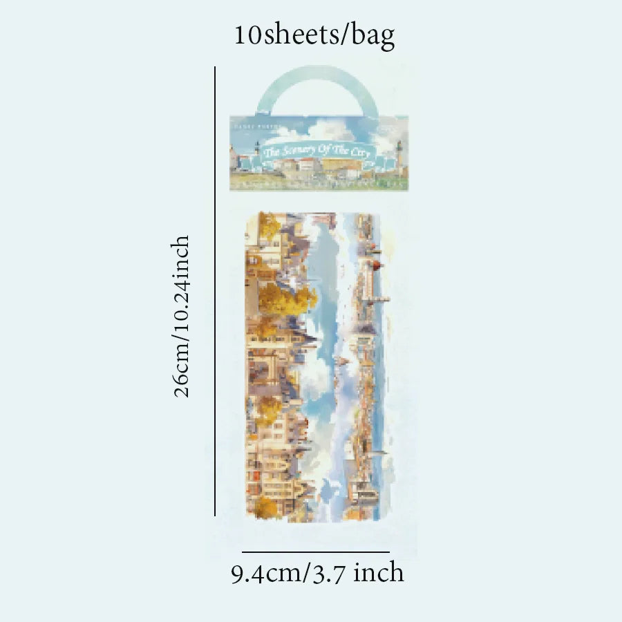 Scenic Landscape Sticker Bag — Cherry Blossom, City Street & Camping Scene Long Strip Stickers for Journaling & Collage