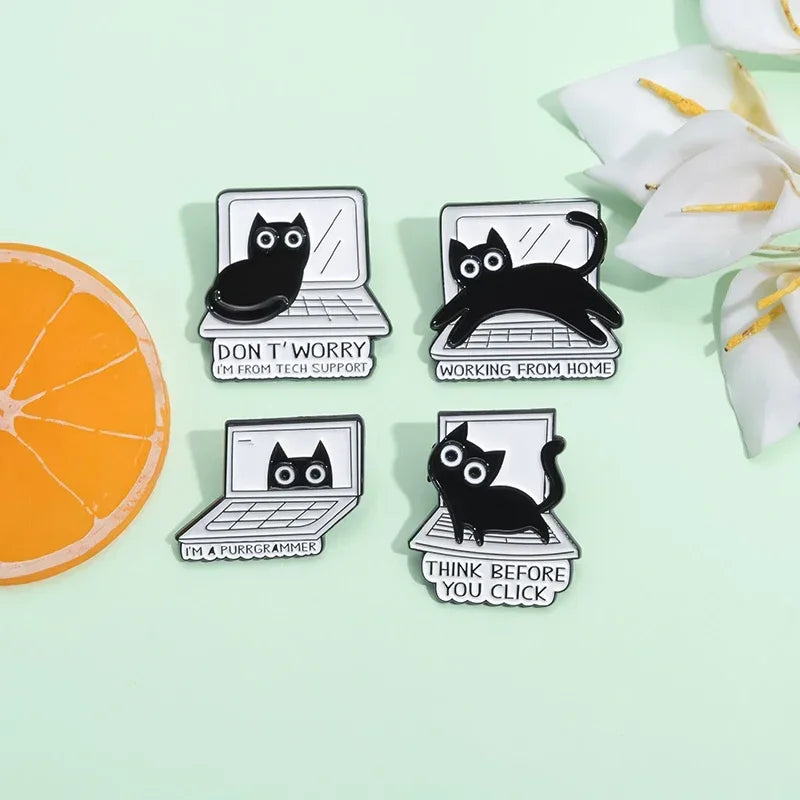 Funny Black Cat "Think Before You Click" Enamel Pin — Cartoon Brooch Lapel Badge Gift for Cat Lovers & Internet People