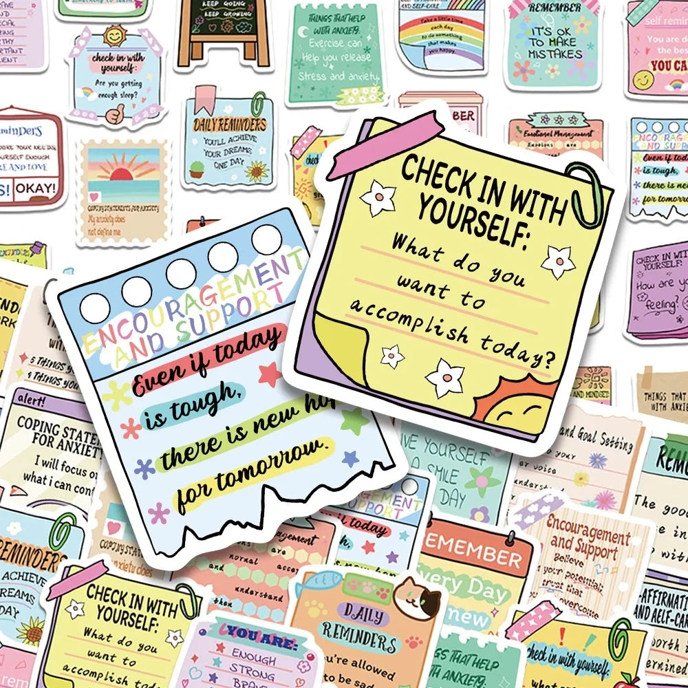 50-Piece Mental Health Reminder Sticker Pack — Waterproof Aesthetic Decals for Phones, Notebooks, Laptops & More