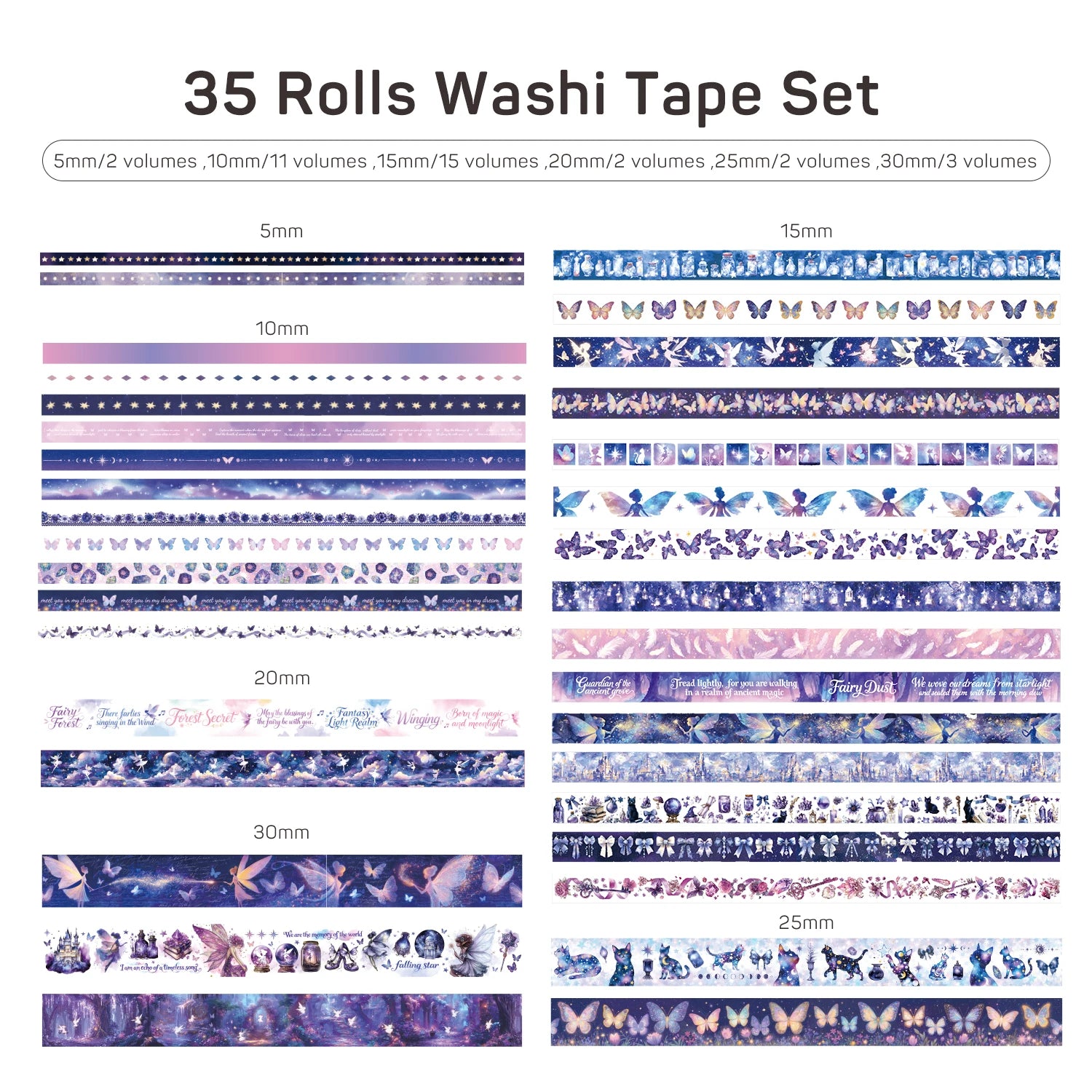 35-Roll Purple Fairy Magic Washi Tape Set — Elves, Castles, Black Cats & Butterfly Designs for Journaling & Scrapbooking