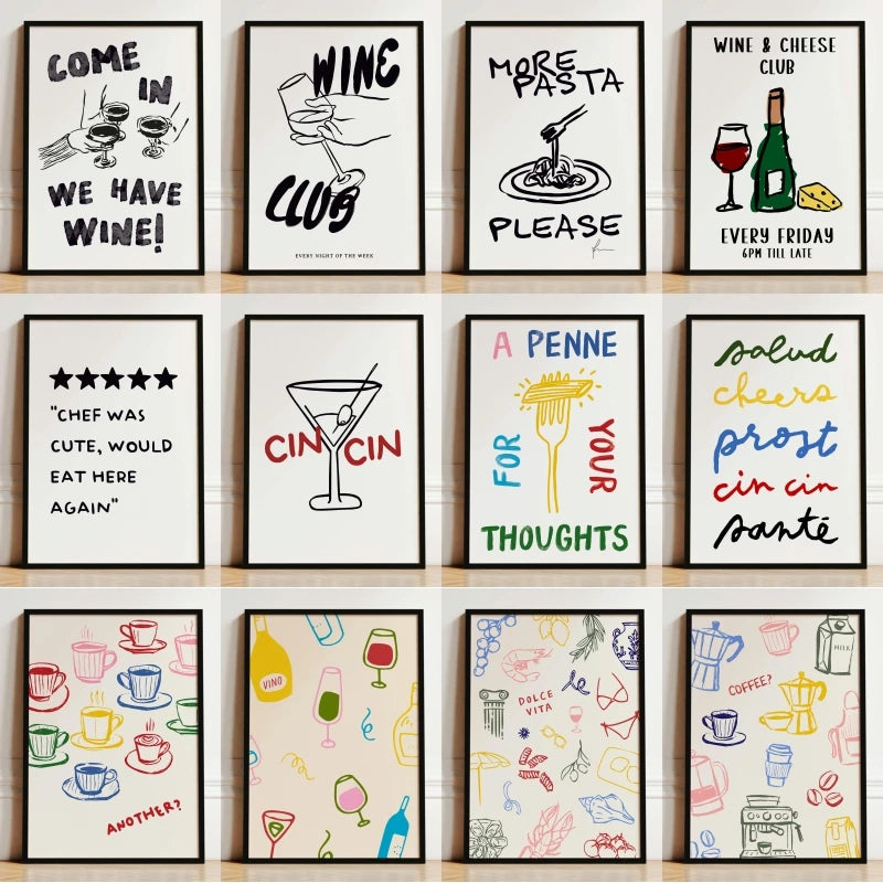 Kitchen Wall Art Poster — Wine, Coffee & Pasta Print