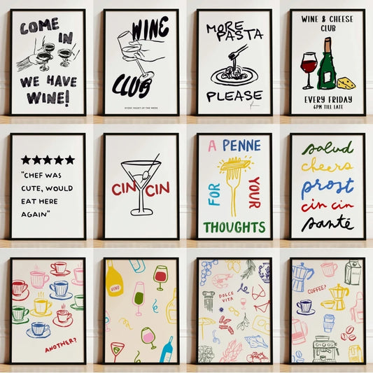 Kitchen Wall Art Poster — Wine, Coffee & Pasta Print
