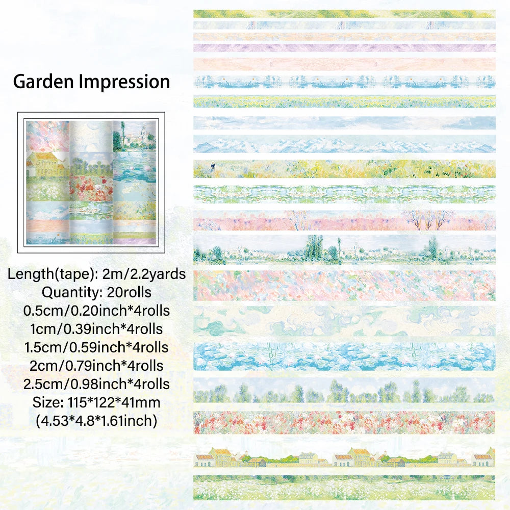 20-Roll Vintage Garden Impression Washi Tape Set — Botanical Masking Tapes for Scrapbooking, Journaling & Planners