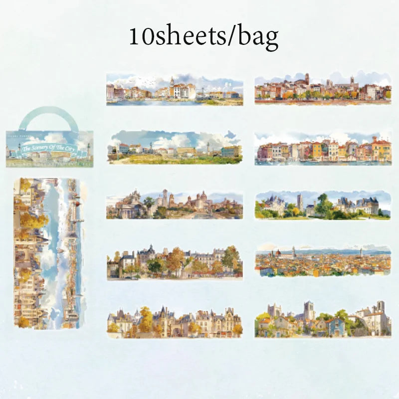 Scenic Landscape Sticker Bag — Cherry Blossom, City Street & Camping Scene Long Strip Stickers for Journaling & Collage