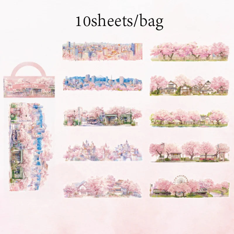 Scenic Landscape Sticker Bag — Cherry Blossom, City Street & Camping Scene Long Strip Stickers for Journaling & Collage