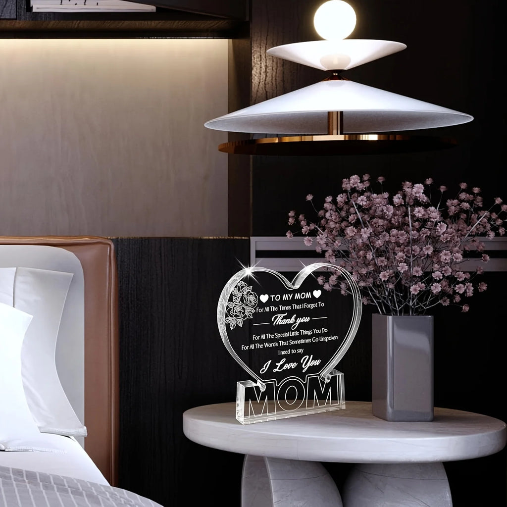 Delicate Rose Acrylic Heart Plaque — Heartfelt Birthday & Holiday Gift for Mom from Daughter or Son