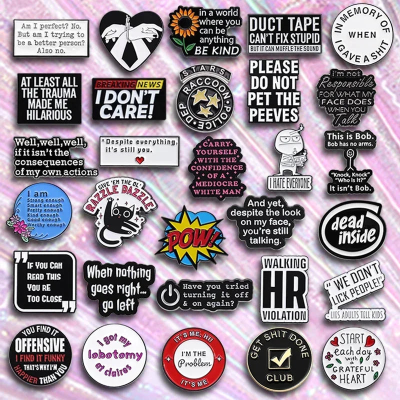 Funny Quotes Enamel Pin — "Start Each Day With a Grateful Heart" & "Walking HR Violation" Brooch Lapel Badge