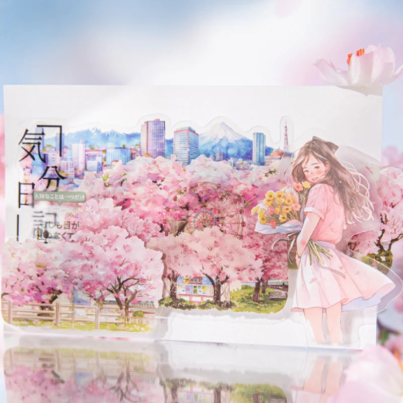 Scenic Landscape Sticker Bag — Cherry Blossom, City Street & Camping Scene Long Strip Stickers for Journaling & Collage