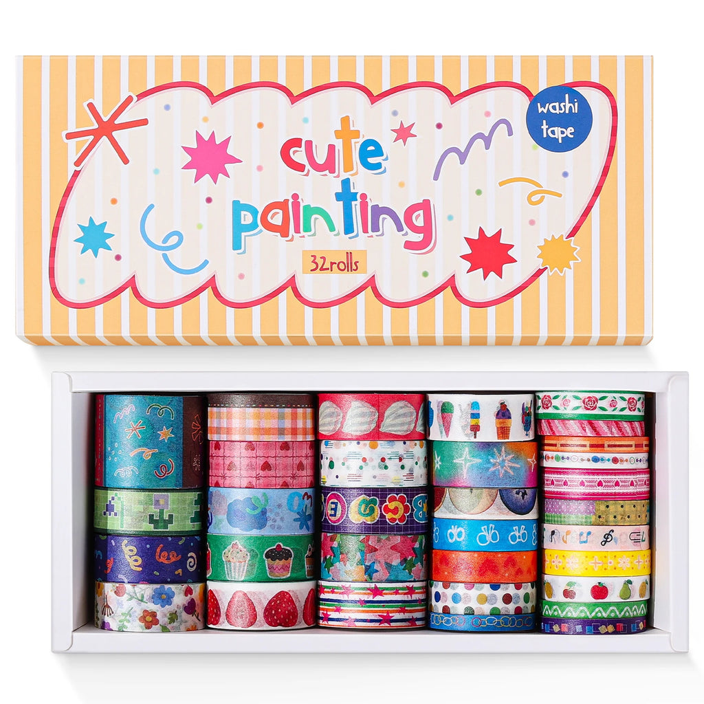 32-Roll Cute Painting Washi Tape Set — Decorative Tapes for Scrapbooking, Junk Journaling & DIY Crafts