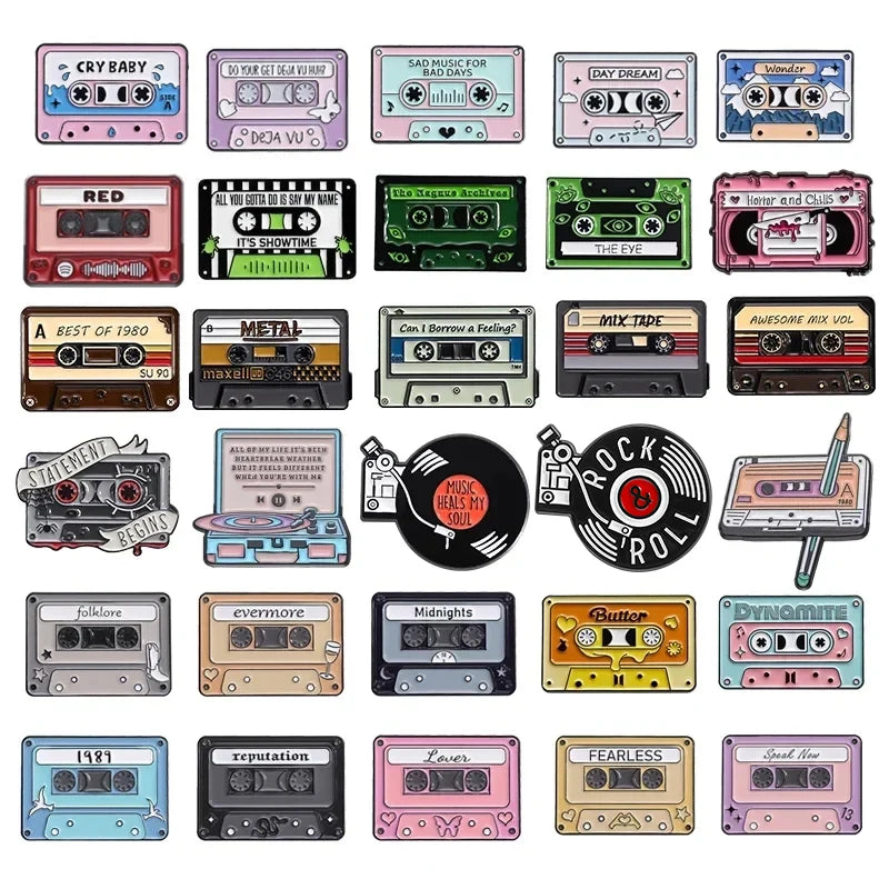 80s & 90s Retro Cassette Tape Enamel Pin — Nostalgic Radio & CD Brooch Lapel Badge Gift for Music Lovers
