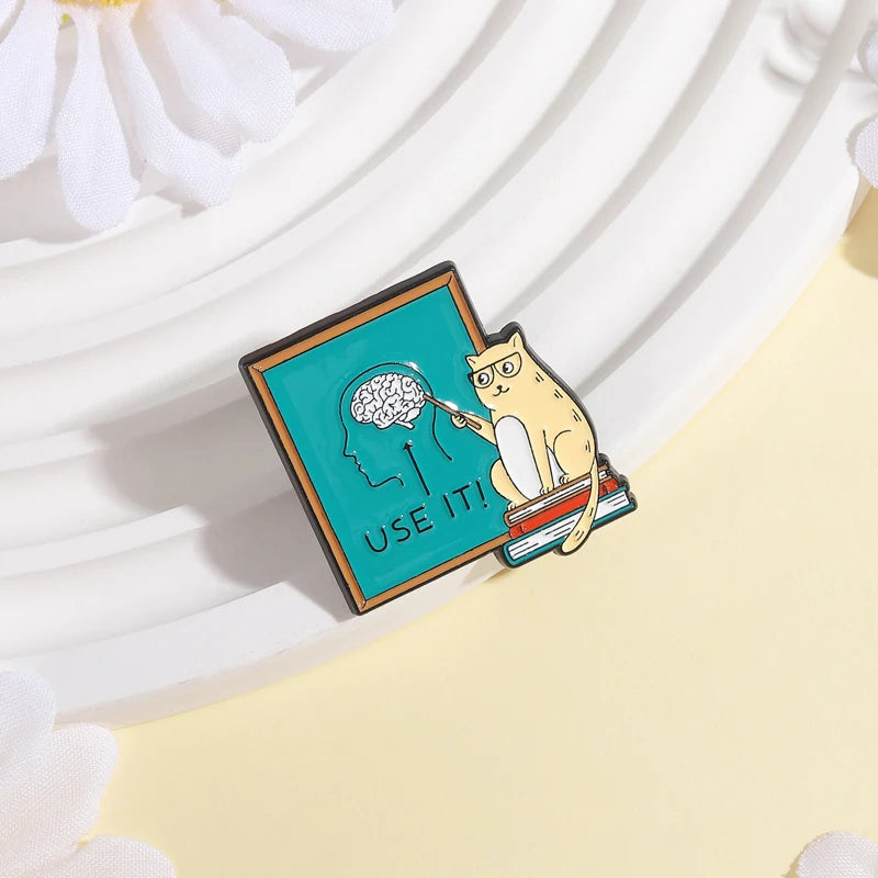 Cat Teacher "Use It Brain" Enamel Pin — Funny Cartoon Brooch Lapel Badge Gift for Teachers & Cat Lovers