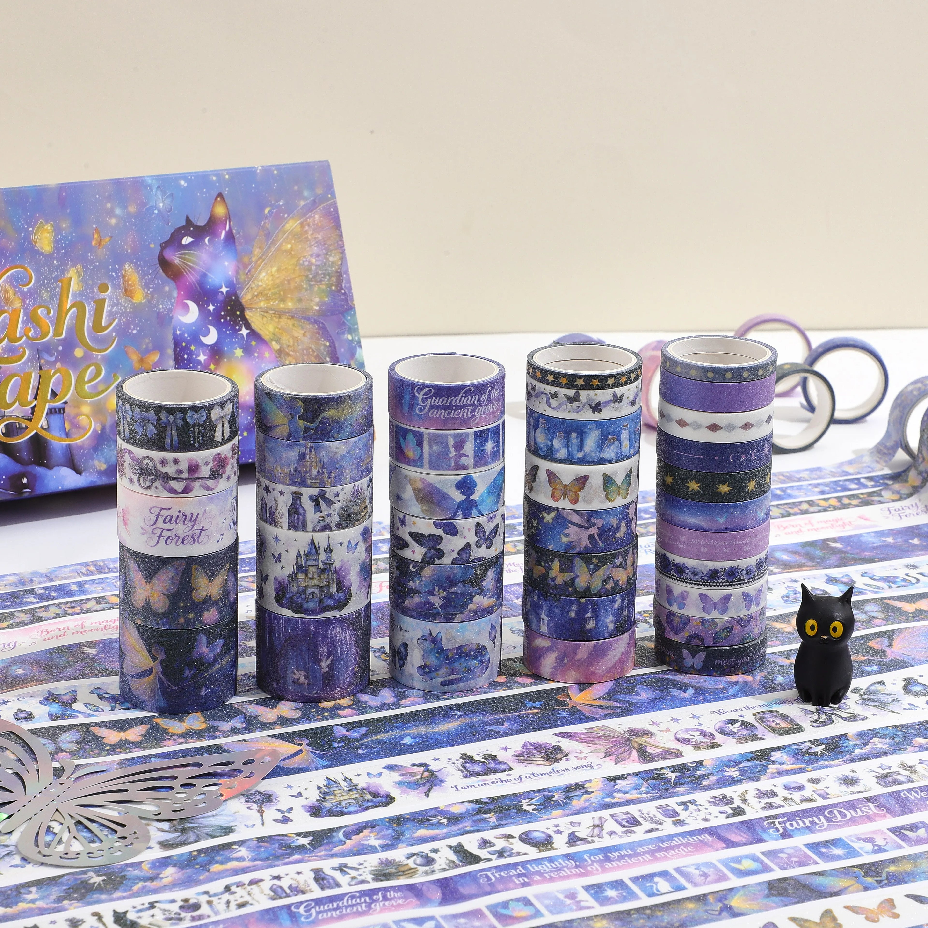35-Roll Purple Fairy Magic Washi Tape Set — Elves, Castles, Black Cats & Butterfly Designs for Journaling & Scrapbooking