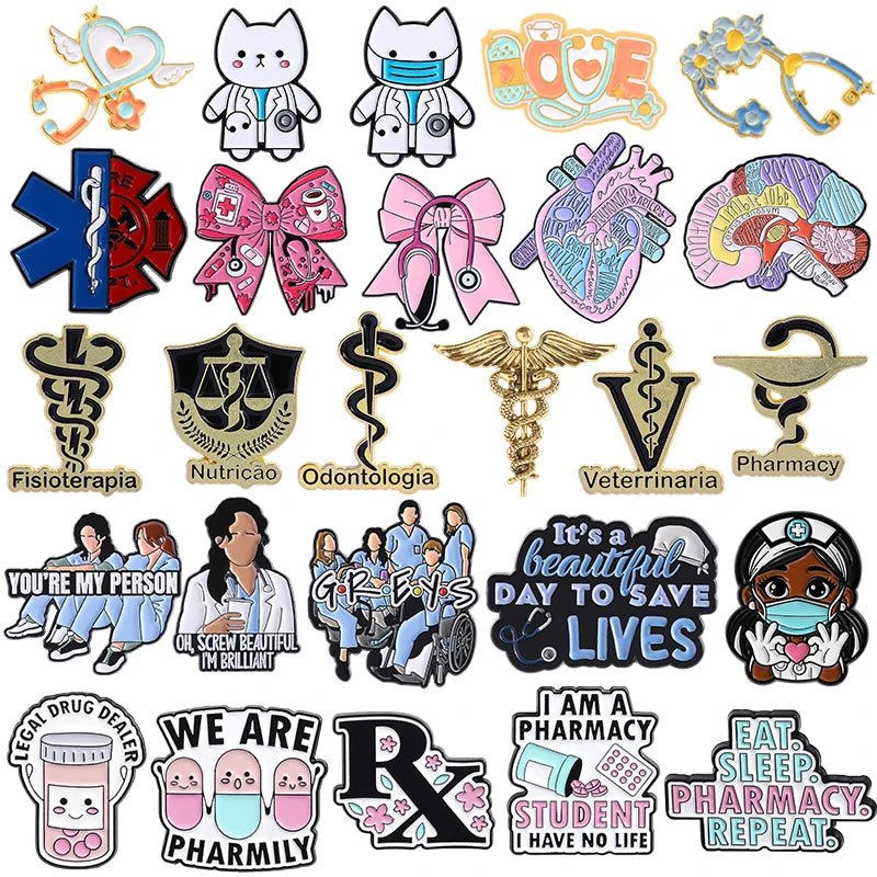 Retro Medical Enamel Pin — Caduceus, Stethoscope, Pill & Cat Doctor Brooch Lapel Badge Gift for Doctors & Nurses