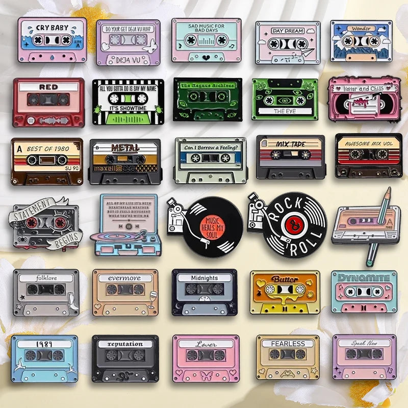 80s & 90s Retro Cassette Tape Enamel Pin — Nostalgic Radio & CD Brooch Lapel Badge Gift for Music Lovers