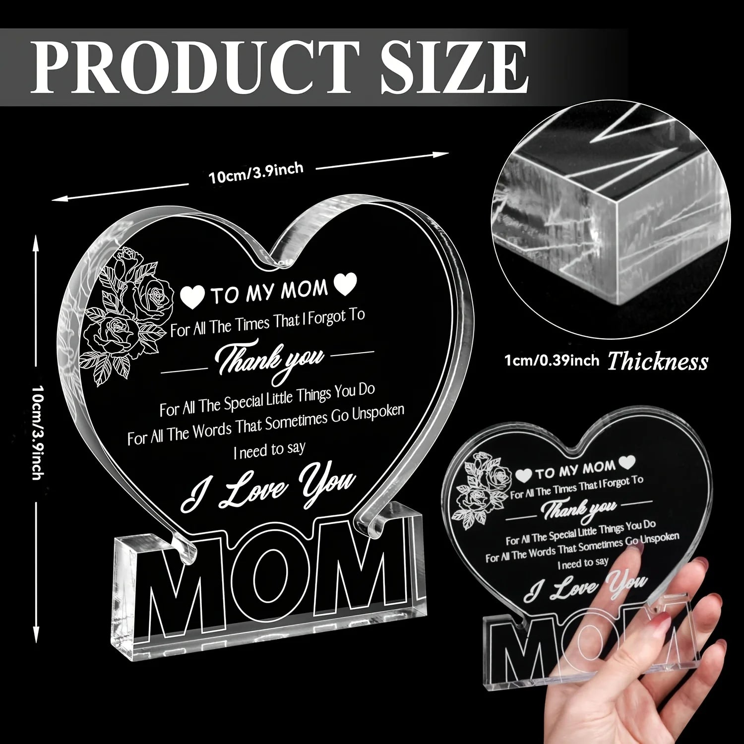 Delicate Rose Acrylic Heart Plaque — Heartfelt Birthday & Holiday Gift for Mom from Daughter or Son