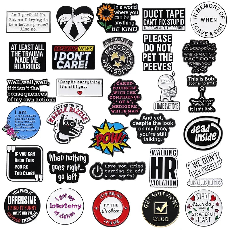 Funny Quotes Enamel Pin — "Start Each Day With a Grateful Heart" & "Walking HR Violation" Brooch Lapel Badge