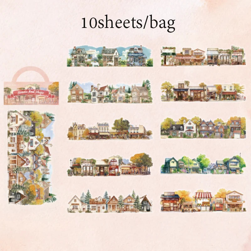 Scenic Landscape Sticker Bag — Cherry Blossom, City Street & Camping Scene Long Strip Stickers for Journaling & Collage