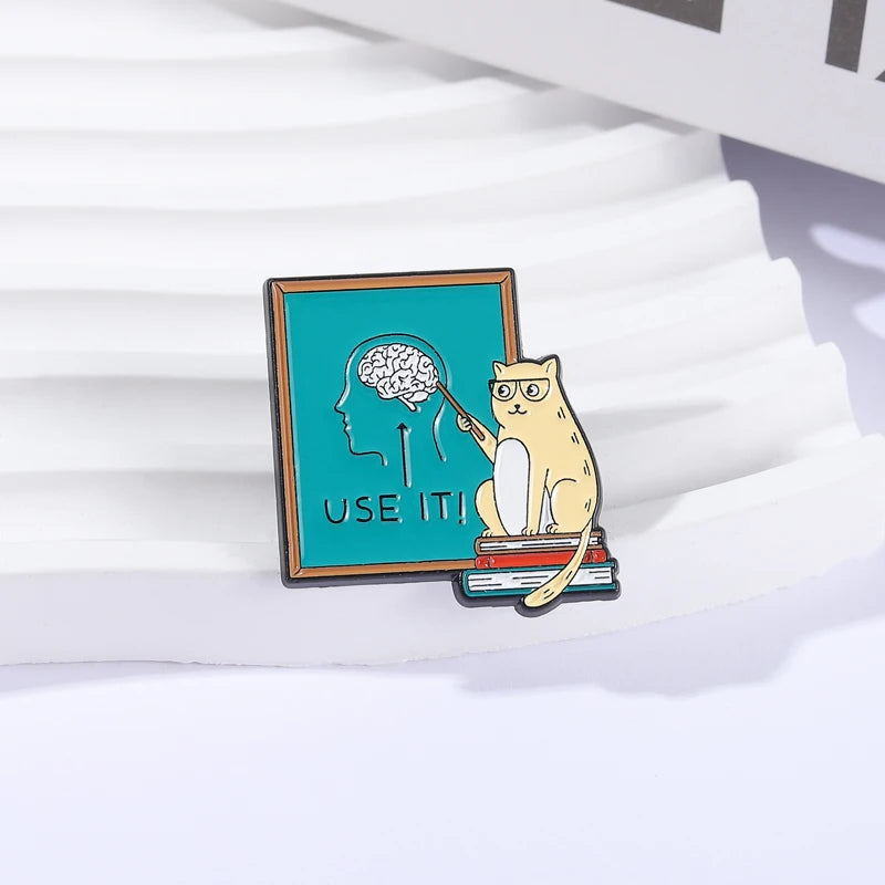 Cat Teacher "Use It Brain" Enamel Pin — Funny Cartoon Brooch Lapel Badge Gift for Teachers & Cat Lovers