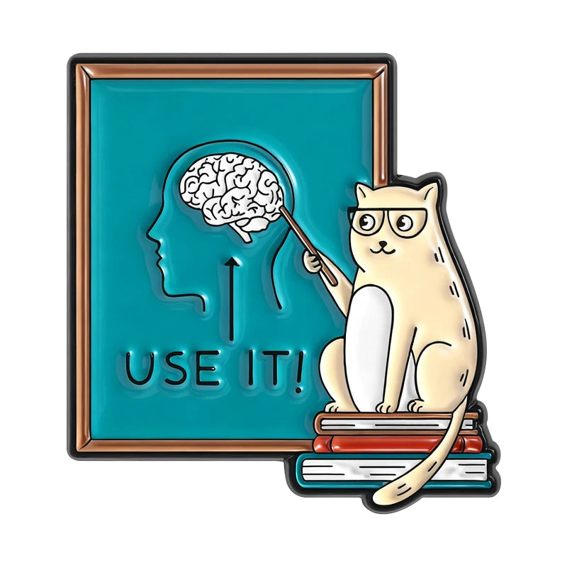 Cat Teacher "Use It Brain" Enamel Pin — Funny Cartoon Brooch Lapel Badge Gift for Teachers & Cat Lovers