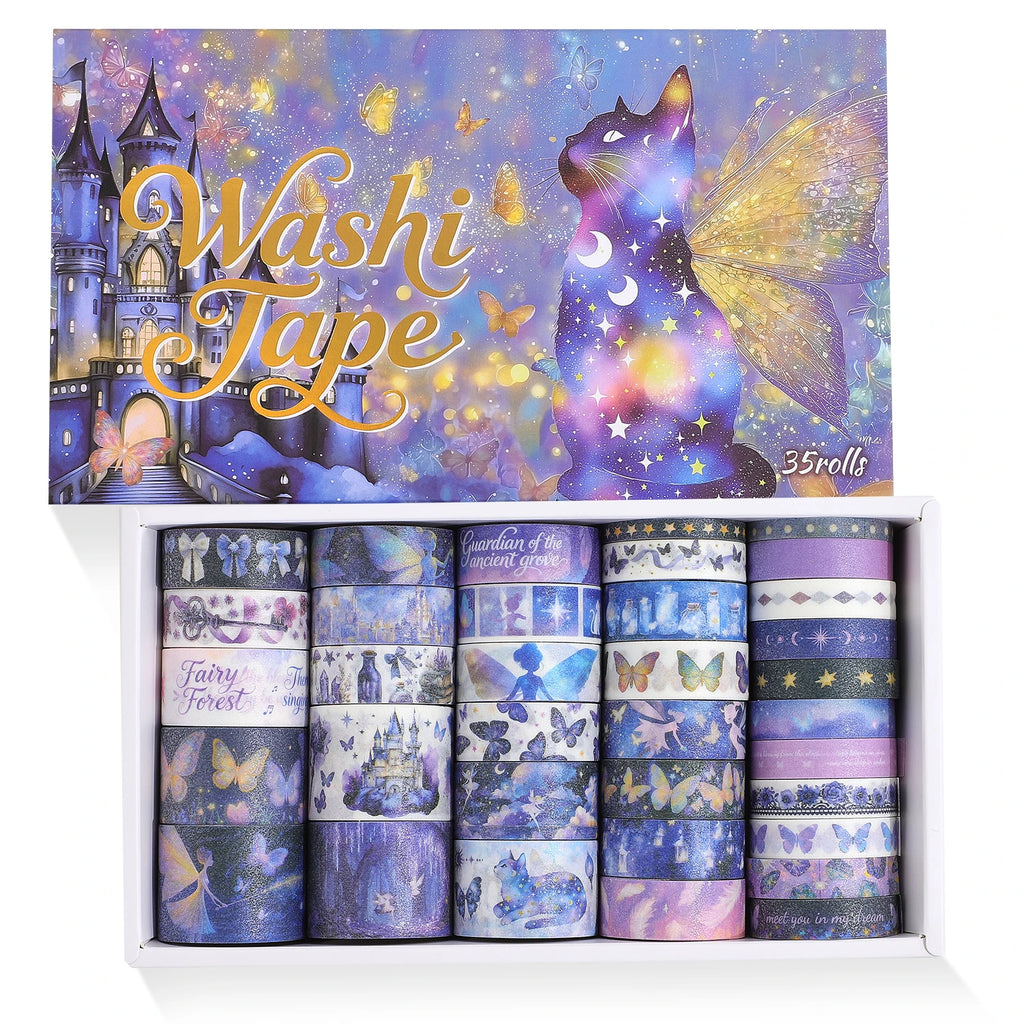 35-Roll Purple Fairy Magic Washi Tape Set — Elves, Castles, Black Cats & Butterfly Designs for Journaling & Scrapbooking