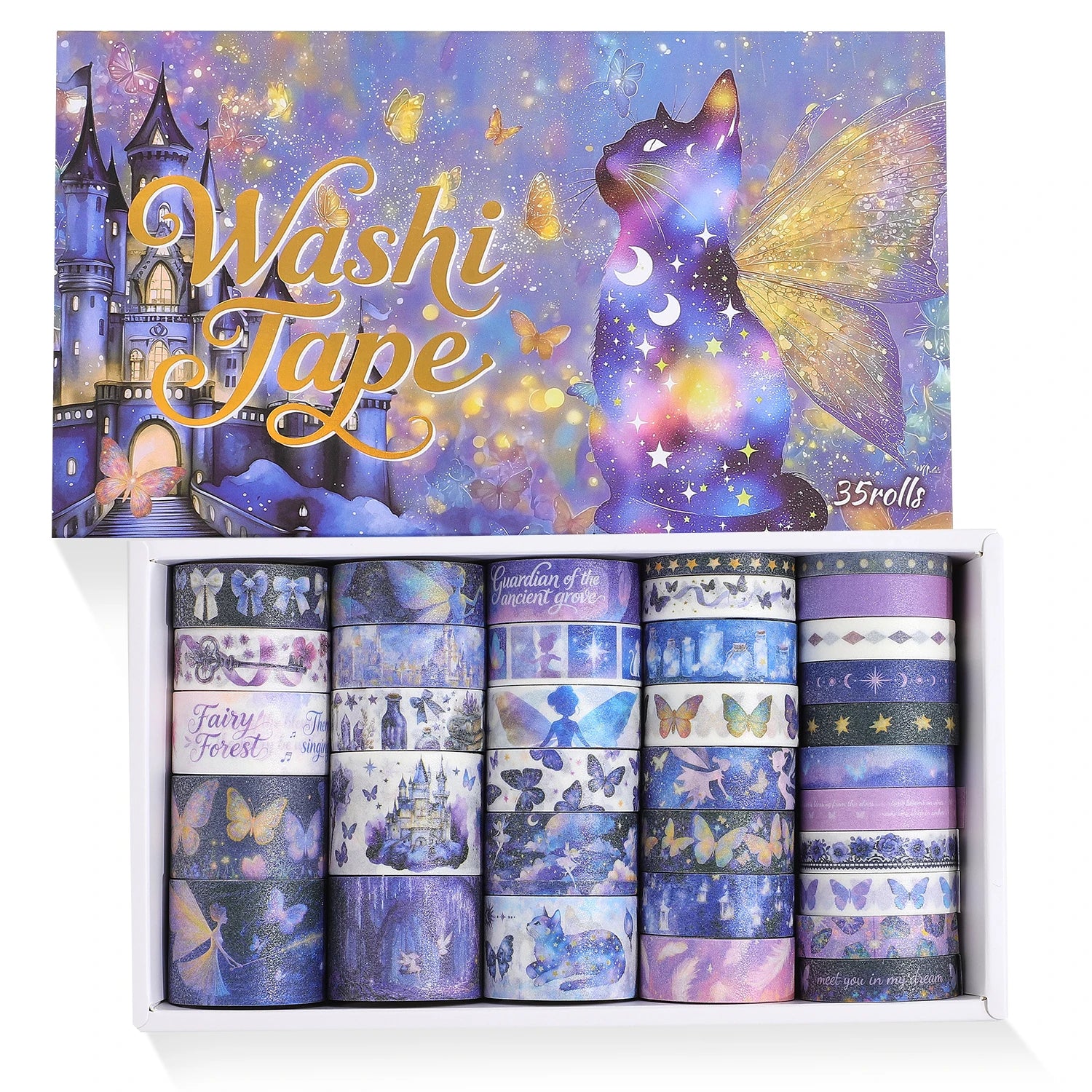 35-Roll Purple Fairy Magic Washi Tape Set — Elves, Castles, Black Cats & Butterfly Designs for Journaling & Scrapbooking