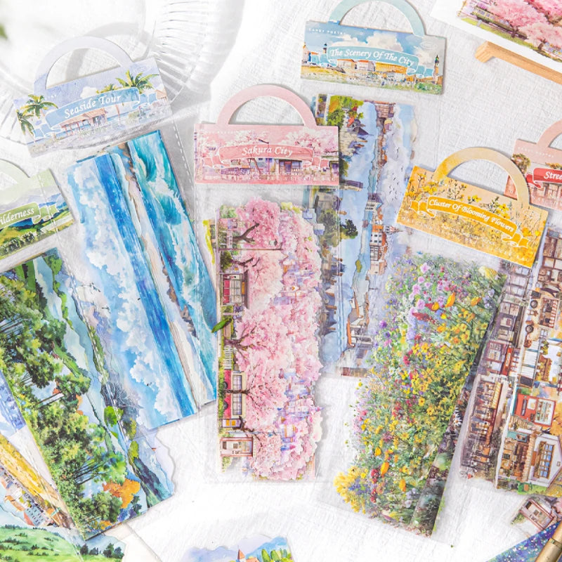 Scenic Landscape Sticker Bag — Cherry Blossom, City Street & Camping Scene Long Strip Stickers for Journaling & Collage