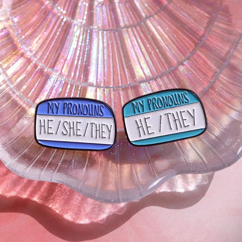 My Pronouns Enamel Pin — Colorful They/Them, He/Him & She/Her Dialog Brooch Lapel Badge for Backpacks & Accessories