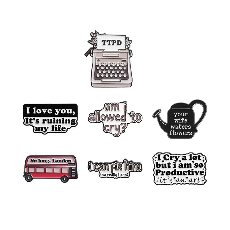 TTPD Typewriter Enamel Pin — "I Cry A Lot But I Am So Productive" Funny Quote Brooch Lapel Badge for Women & Swifties