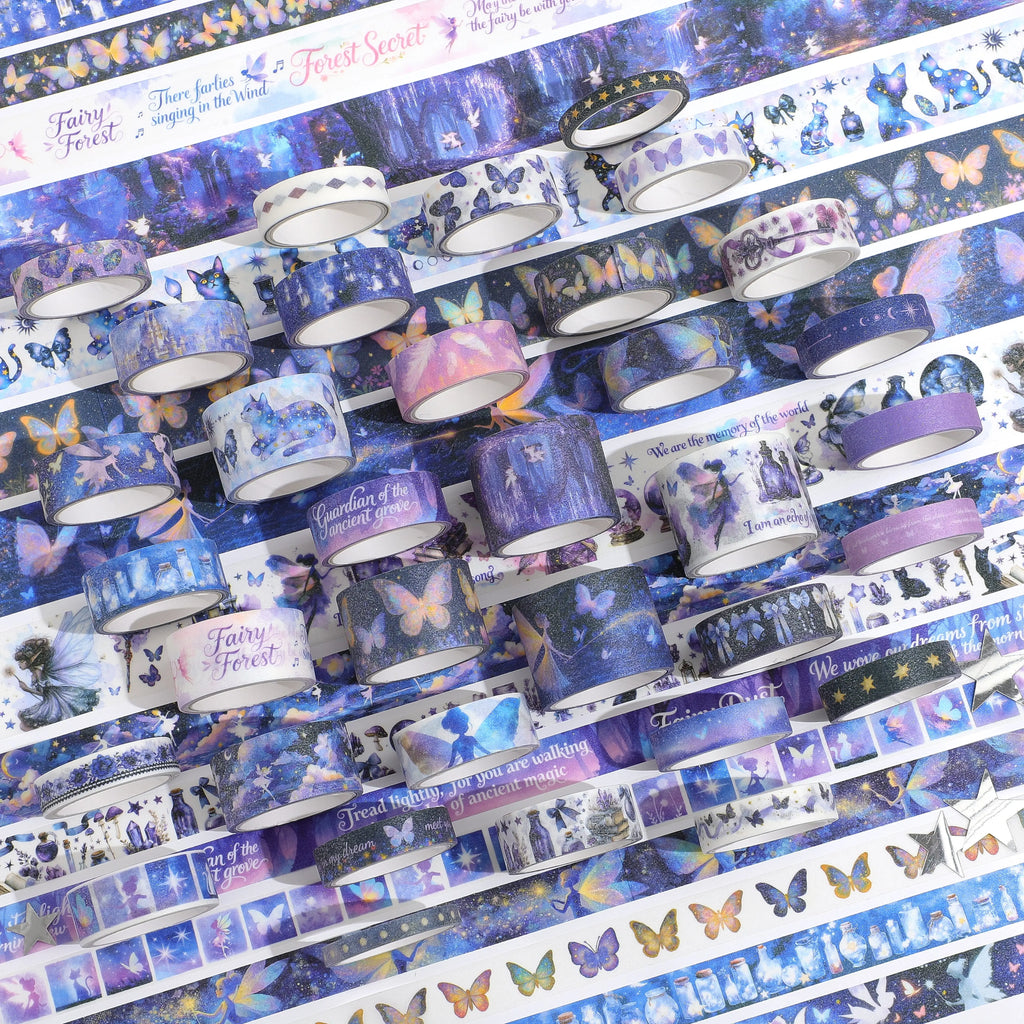 35-Roll Purple Fairy Magic Washi Tape Set — Elves, Castles, Black Cats & Butterfly Designs for Journaling & Scrapbooking